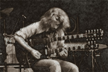 Kent, playing his double necked guitar with Opus Est in the 80's